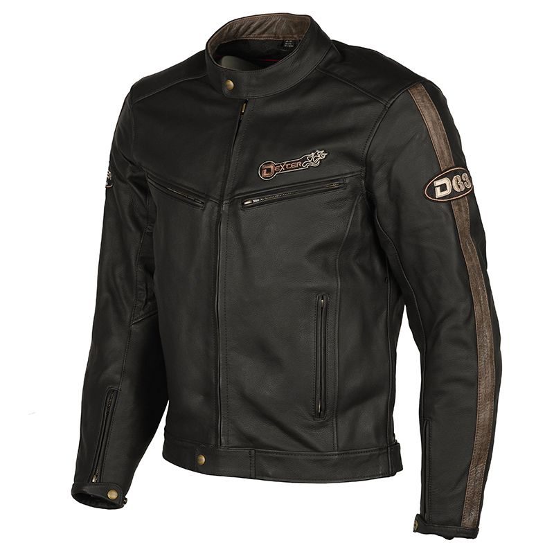 Black D63 Dexcer Motorbike Leather Jacket with White Stripe
