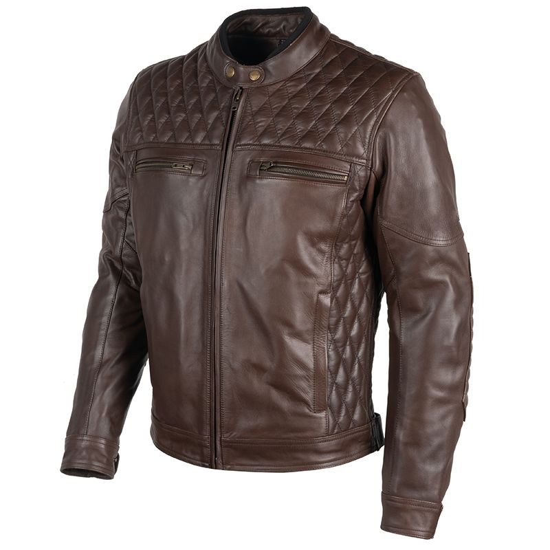 Brown leather motorcycle jacket for bikers with armor