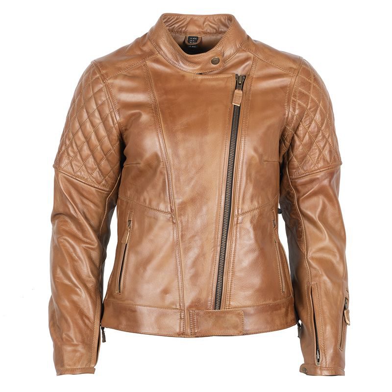 Women's Stylish Brown Cognac leather jacket with Quilted Patches